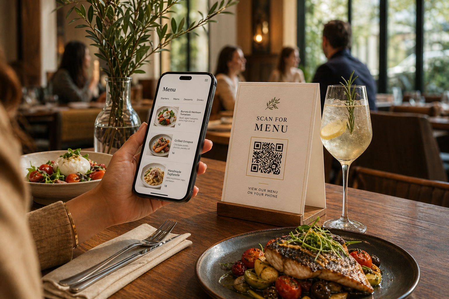 Restaurant guest scanning a QR code on the table to open a Flippin' Book menu