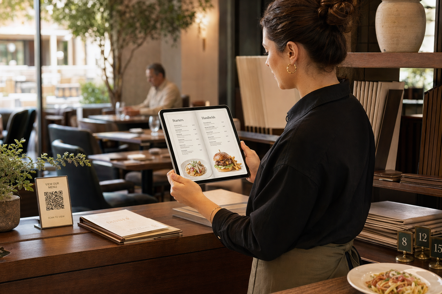Restaurant manager reviewing a Flippin' Book menu on a tablet near a QR sign